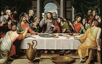 A depiction of the Last Supper. Jesus sits in the center, his apostles gathered around on either side of him.