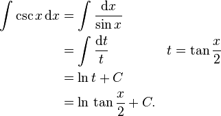 
\begin{align}
\int\csc x\,\mathrm{d}x&=\int\frac{\mathrm{d}x}{\sin x}&\\
&=\int\frac{\mathrm{d}t}{t}&t=\tan\frac{x}{2}\\
&=\ln t+C\\
&=\ln \,\tan\frac{x}{2}+C.
\end{align}
