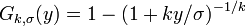 G_{k, \sigma} (y)= 1-(1+ky/\sigma)^{-1/k} 