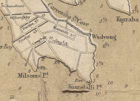 Street map of Kirribilli in 1875 showing many of the main streets