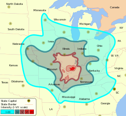 Intensity VI and VII levels are mostly in southeast Illinois, with some small nearby regions in Indiana, Kentucky, Tennessee, and Missouri. Intensity V or greater covers the southern half of Illinois, the western quarter of Kentucky, and smaller parts of adjacent states. Intensity IV or greater covers most of Illinois, Indiana, Missouri, Tennessee, and Kentucky, as well as portions of neighboring states. Intensity I or greater is present in 22 U.S. states and the southernmost tip of Canada.