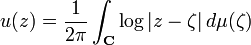 u(z) = \frac{1}{2\pi}\int_\mathbf{C} \log|z-\zeta|\,d\mu(\zeta)