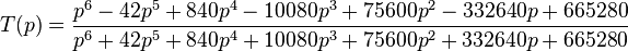 T(p)= \frac{p^6-42p^5+840p^4-10080p^3+75600p^2-332640p+665280}{p^6  + 42p^5 + 840p^4 + 10080p^3 + 75600p^2+332640p+665280}