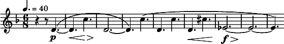  \relative c' { \clef treble \key d \minor \time 6/8 \tempo 4. = 40 r4 r8 d4.~(\p | d\< c'\!\> | d,2.\!~ | d4.) c'( | d, c' | d,\< cis' | ees,2.\f\!\>~ | ees~\! | ees4.) } 