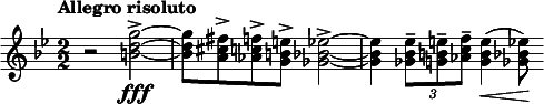  \relative c''' { \clef treble \key g \minor \tempo "Allegro risoluto" \numericTimeSignature \time 2/2 r2 <g d b>2~->\fff | <g d b>8 <fis cis a>-> <f c aes>-> <e b g>-> <ees bes ges>2->~ | <ees bes ges>4 \times 2/3 { <ees bes ges>8-- <e b g>-- <f c aes>-- } <e b g>4(\< <ees bes ges>8)\! } 