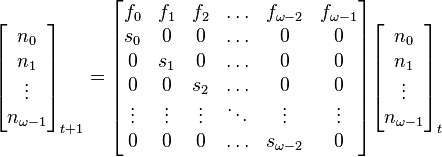 
 \begin{bmatrix}
   n_0 \\
   n_1 \\
   \vdots \\
   n_{\omega - 1} \\
 \end{bmatrix}_{t+1}
=
 \begin{bmatrix}
f_0 & f_1 & f_2 & \ldots & f_{\omega  - 2} & f_{\omega  - 1} \\
s_0 & 0 & 0 & \ldots & 0 & 0\\
0 & s_1 & 0 & \ldots & 0 & 0\\
0 & 0 & s_2 & \ldots & 0 & 0\\
\vdots & \vdots & \vdots & \ddots & \vdots & \vdots\\
0 & 0 & 0 & \ldots & s_{\omega - 2}  & 0
 \end{bmatrix}
 \begin{bmatrix}
  n_0 \\ n_1 \\ \vdots\\ n_{\omega - 1}
 \end{bmatrix}_{t}
