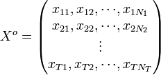 

X^o =
\begin{pmatrix}
x_{11},x_{12},{\cdots} ,x_{1N_1} \\
x_{21},x_{22},{\cdots} ,x_{2N_2} \\
\vdots \\
x_{T1},x_{T2},{\cdots} ,x_{TN_T}
\end{pmatrix}

