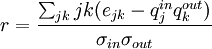 r = \frac{\sum_{jk}jk(e_{jk} - q_{j}^{in} q_{k}^{out})}{\sigma_{in}\sigma_{out}}