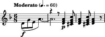  \relative c'' { \clef treble \key d \minor \time 6/8 \tempo "Moderato" 4. = 60 << { s2. | r4 r8 <a f d>4\p <c g e cis>8 } \\ { d,8\f( g e a4.)~ | a2. } >> <a f d>4 <c g e cis>8 <a f d>4 r8 } 