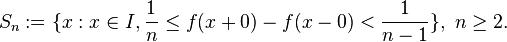 S_n:=\{x:x\in I, \frac{1}{n}\leq f(x+0)-f(x-0)<\frac{1}{n-1}\},\ n\geq 2.