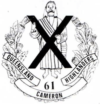 A coat of arms consisting of a large X superimposed over a person, surrounded by a laurel wreath. Below this, the number "61" is presented above the words "Queensland Cameron Highlanders"