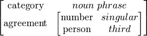 \begin{bmatrix} \mbox{category} & noun\ phrase\\ \mbox{agreement} & \begin{bmatrix} \mbox{number} & singular \\ \mbox{person} & third \end{bmatrix} \end{bmatrix}