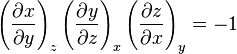 \left(\frac{\partial x}{\partial y}\right)_z\left(\frac{\partial y}{\partial z}\right)_x\left(\frac{\partial z}{\partial x}\right)_y = -1