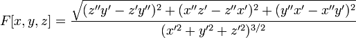 F[x,y,z]=\frac{\sqrt{(z''y'-z'y'')^2+(x''z'-z''x')^2+(y''x'-x''y')^2}}{(x'^2+y'^2+z'^2)^{3/2}}