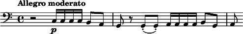  \relative c { \clef bass \time 4/4 \tempo "Allegro moderato" r2 c16\p c c c b8 a | g r g(-. g-.) a16 a a a b8 g | a } 