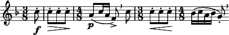  \relative c'' { \clef treble \key f \major \time 3/8 \partial 8*1 c8\f-. | c\>-. c-. c-.\! | \time 4/8 a(\p c16 a f8->)\breathe c' | \time 3/8 c-.\< c-. c-.\! | \time 4/8 bes16( c a bes g8)-.\breathe } 