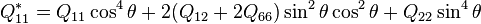   Q^*_{11} = Q_{11}\cos^4\theta + 2(Q_{12} + 2Q_{66})\sin^2\theta \cos^2\theta + Q_{22}\sin^4 \theta 