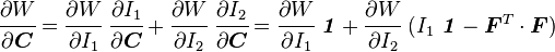 
   \cfrac{\partial W}{\partial \boldsymbol{C}} = 
     \cfrac{\partial W}{\partial I_1}~\cfrac{\partial I_1}{\partial \boldsymbol{C}} +
     \cfrac{\partial W}{\partial I_2}~\cfrac{\partial I_2}{\partial \boldsymbol{C}}
    = \cfrac{\partial W}{\partial I_1}~\boldsymbol{\mathit{1}} +
     \cfrac{\partial W}{\partial I_2}~(I_1~\boldsymbol{\mathit{1}} - \boldsymbol{F}^T\cdot\boldsymbol{F})
 