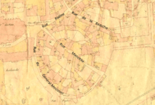 Vue d'un plan ancien de Tours avec le tracé de l'amphithéâtre suggéré par les parcelles cadastrales.