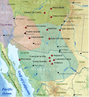 A map of the American Southwest and the northwest of Mexico showing modern political boundaries. Overlaid over them are four colored and labeled territories: "Anasazi", "Hohokam", "Petaya", and "Mogollón". Anasazi land is colored green.