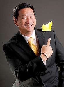 Anton Mari H. Lim pointing to Yellow Boat of Hope symbol