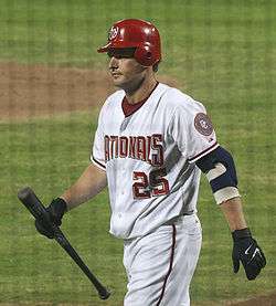 Austin Kearns, playing for the Washington Nationals, holding a baseball bat.