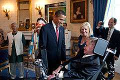 Barack Obama talking to Stephen Hawking in the White House