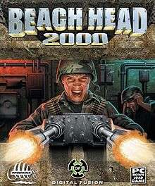A helmeted soldier firing a large mounted gun from inside a fortification, in the background another helmeted soldier covers his ears, the title "Beach Head 2000" is above in large block letters