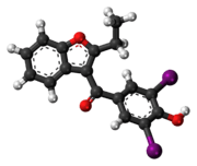 Ball-and-stick model of the benziodarone molecule