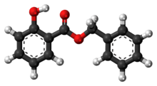 Ball-and-stick model of the benzyl salicylate molecule