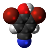 Space-filling model of the bromoxynil molecule