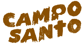 In a painted and somewhat Jackson Pollock-like way, the words "Campo Santo" appear capitalized and formatted into two columns.