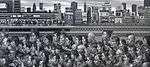 Monochrome painting of Shinjuku station commuters