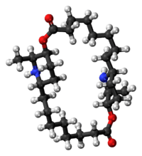 Ball-and-stick model of the carpaine molecule