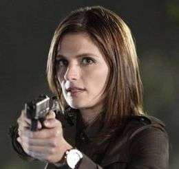 Image of actress Stana Katic as Detective Kate Beckett in the season 3 episode titled "Under the Gun"