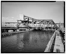 Charles River Bridge in closed position with a train