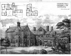 A two-storey house with two wings.  In the top left corner are architects' plans of the house.