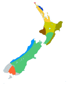 Map of New Zealand divided into multicoloured areas