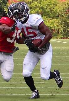 Deion Jones (No. 45) after intercepting a pass in training camp