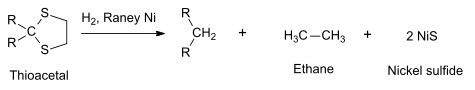 Chemical reaction: Thioacetal breaks into ethane, nickel sulfide and a hydrocarbon under the action of hydrogen and Raney nickel.