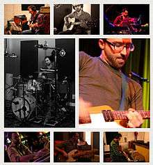 Photo collage of male musician performing live and in the studio