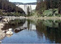 A midsized river flowing through forested hills with a large dam in the distance