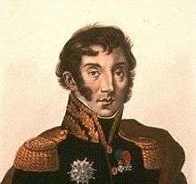 Color print of a man with long sideburns in a dark military uniform with gold collar and epaulettes