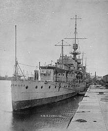 1918 black and white photograph showing the stern of the Curacoa with its aft 6-inch gun/