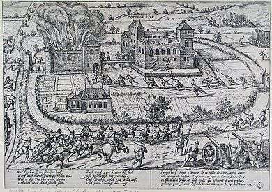 A fortified country home, surrounded by gardens and moats. Armed men have swarmed over the bridges and through the gates, and cannons fire on the walls; one of the buildings is on fire and other portions are damaged.