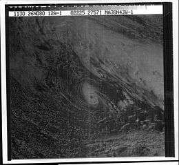 A picture of a small area of clouds with a hurricane type eye