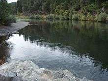 A wide placid river flows through the woods.