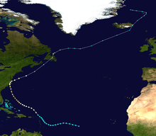 The storm forms east if the Lesser Antilles. The storm path of Ione takes it over the Lesser Antilles as a tropical storm and then it heads between west-northwest towards North Carolina. It becomes a major hurricane north of The Bahamas and makes landfall in North Carolina as a Category 1. The storm then hooks sharply northeast overland then races off the coast of North Carolina toward the extreme Northern Atlantic.