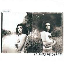 Two sepia images of a woman beside a river. Black text in block capitals above the images read "PJ Harvey" and handwritten text in block capitals underneath the images reads "Is This Desire?".
