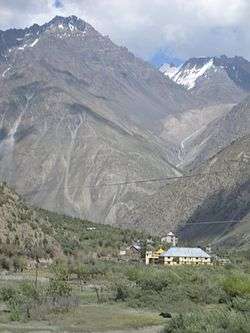 Small village below mountain peaks